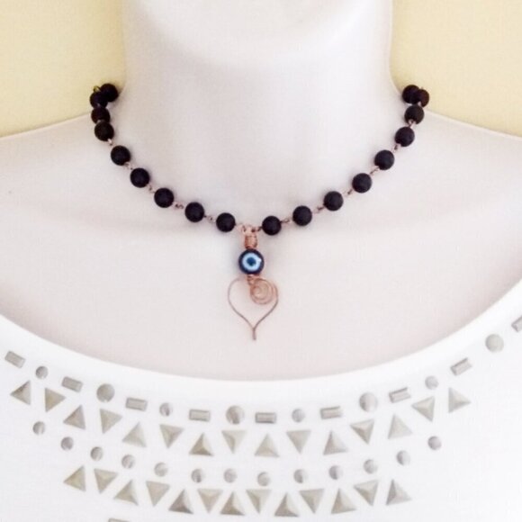 Handmade & Unique! Wire Wrapped Heart Necklace ~ Black Stone + Copper ~ Evil Eye - Picture 2 of 15